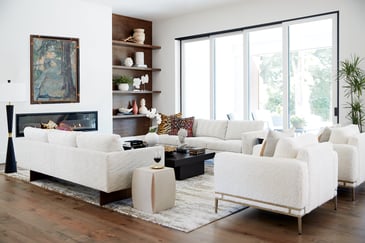 New Custom Home, Open Living Room with floor to ceiling windows by Wolfe Homes