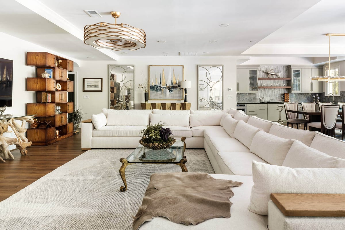 Open-concept living room and kitchen in a custom home by Wolfe Homes, Greensboro, NC